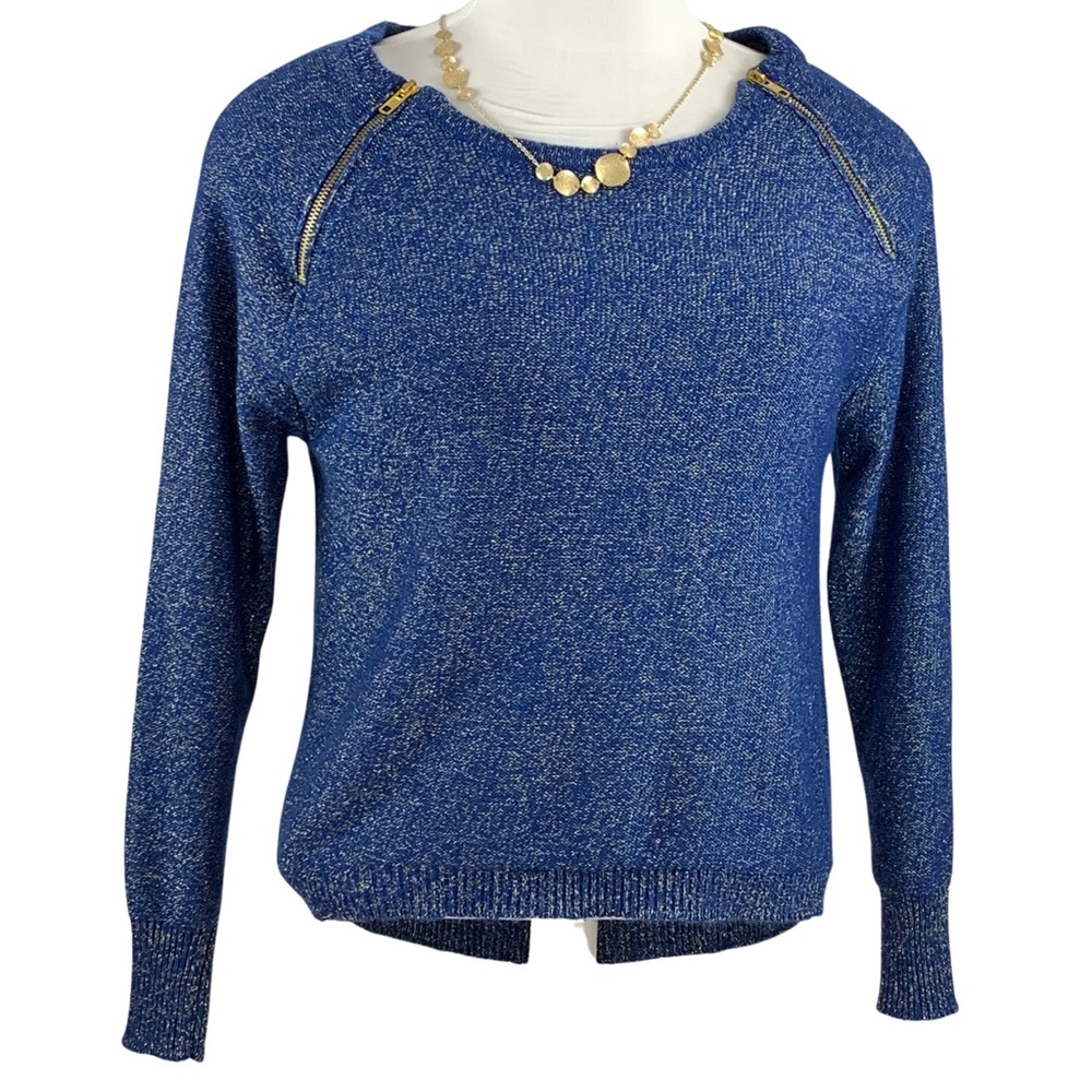 BISOU BISOU Blue w/ Metallic Zippered Shoulders Long Sleeve Sweater size Large - Picture 2 of 14